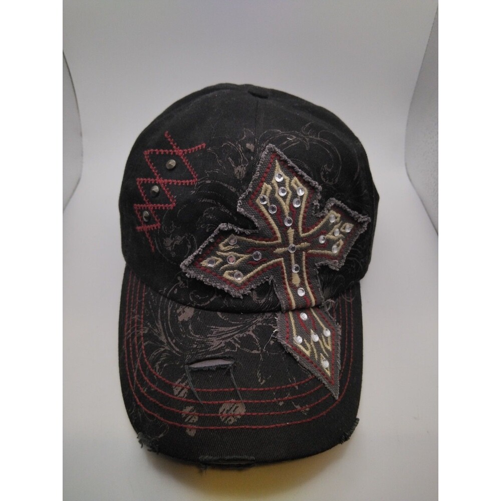 KBETHOS Y2K Rhinestone Embroidered Hat Black/Grey/Red Distressed Cap Vintage